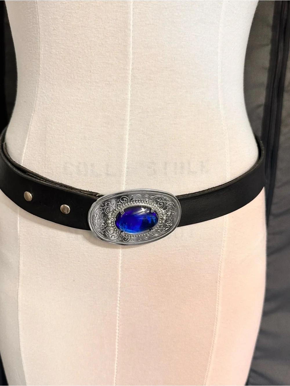 Black Leather Belt with Blue Stone Western Buckle